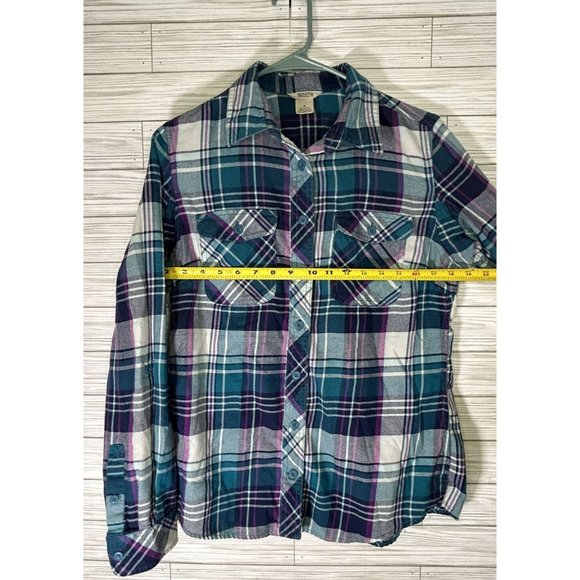 Duluth Trading Women's Small Flannel Plaid Shirt L/S Button Roll Tab Aqua Purple - Picture 6 of 8